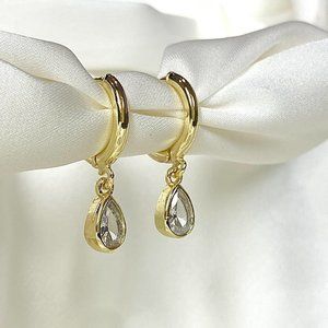 18K Plated Teardrop Huggie Hoop Earring Cubic Zirconia 925 Sterling Silver